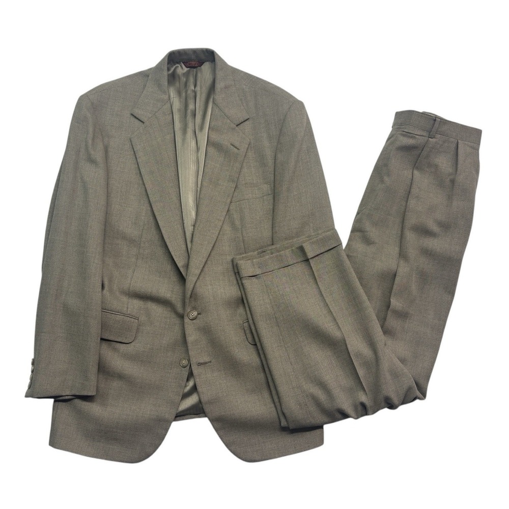 vtg 90s Corbin 46R 36x32 Tan 2pc Pant Suit Hopsack Pleated High Waisted Wool USA